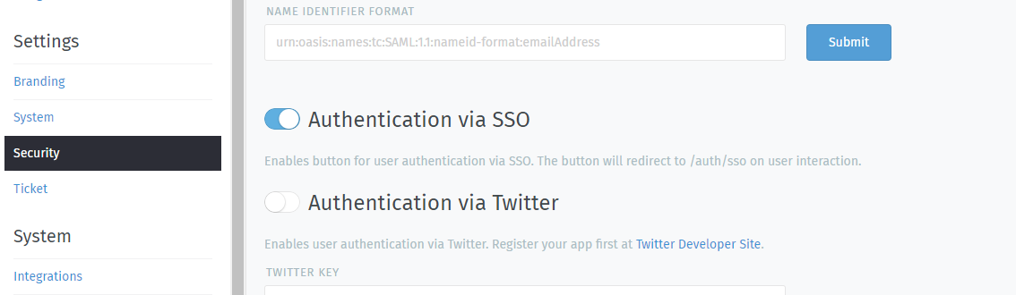 “Authentication via SSO” toggle button in the Admin Panel