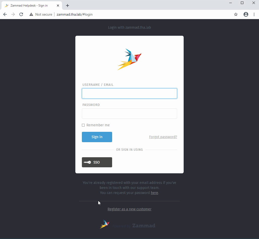 Login screen with SSO button for one-click login.